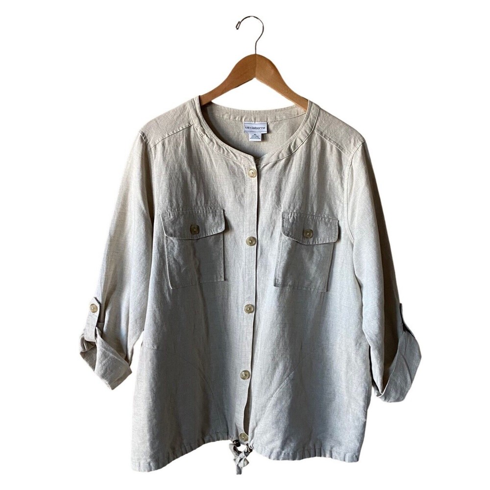 Liz Claiborne || Woman Drawstring Hem Linen Blend Anorak Beige Jacket | Size XL